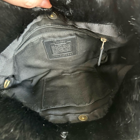 Coach Signature Satin Quilted Rabbit Fur Trimmed Hobo Handbag Black - Picture 4 of 16